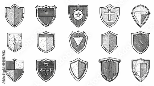 Collection of Various Shields with Different Emblems and Symbols Illustrated in Black and White