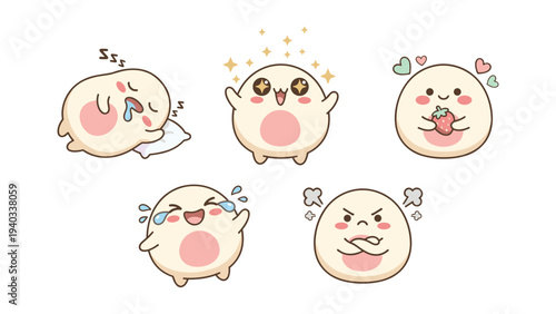 Five Cute Kawaii Round Blob Characters Showing Emotions