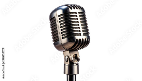 A close-up studio shot of a vintage chrome ribbon microphone against a solid black background.