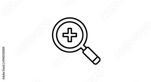 Magnifying glass with plus sign icon, zoom in symbol, search and analysis concept