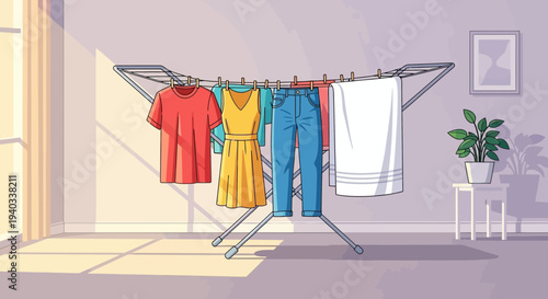 Colorful clothes and towel hanging on a drying rack indoors with sunlight.