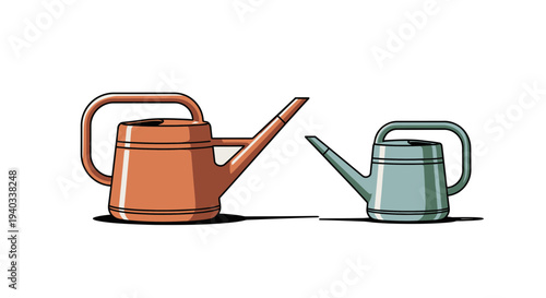 Two colorful watering cans, one orange and one blue, presented side-by-side for garden care