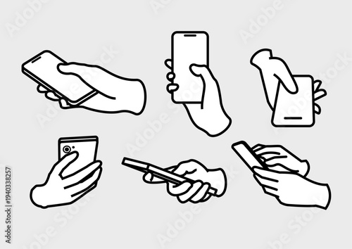 スマートフォンを操作する手のジェスチャーセット｜タップ・スワイプ・スマホ操作ラインイラスト