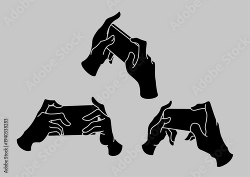 スマートフォンを横向きに持って操作する手のジェスチャーセット