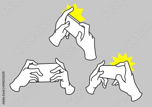 スマートフォンを横向きに持って操作する手のジェスチャーセット｜線画イラスト