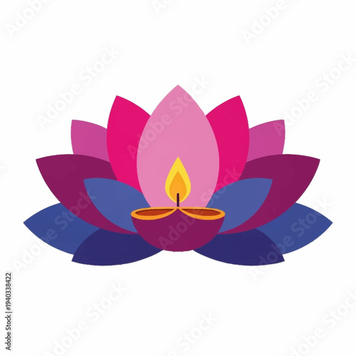 Vibrant Lotus Flower with Lit Diya Lamp for Spiritual Celebration.