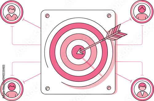 Target audience marketing concept with dart hitting bullseye and connected customer profiles digital segmentation strategy vector illustration