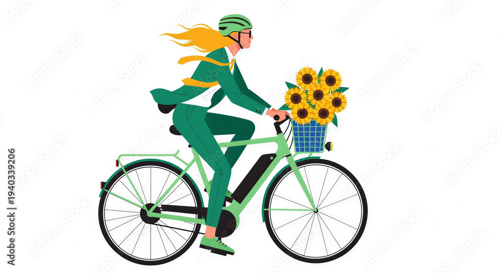 Fototapeta premium A woman riding a green bicycle with sunflowers in the basket
