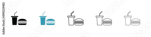 Hamburger and soft drink cup icon in line art style on white background for graphic and web design.