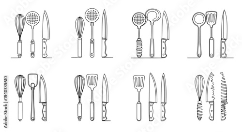 Collection of hand-drawn kitchen utensils including whisks, spatulas, and knives