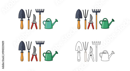 Collection of colorful and outline garden tools for planting and watering plants