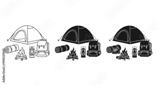 Camping gear collection with tent, backpack, sleeping mat, campfire, and lantern icons