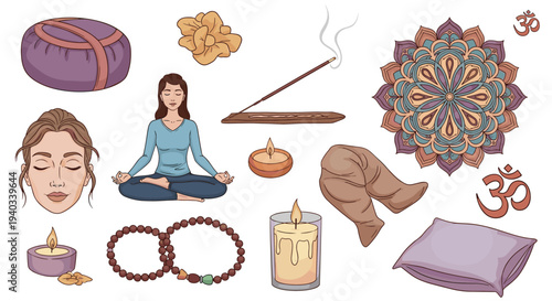 Collection of yoga and meditation accessories for a peaceful spiritual practice