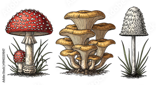 Vintage illustration of three distinct mushroom species growing in grass