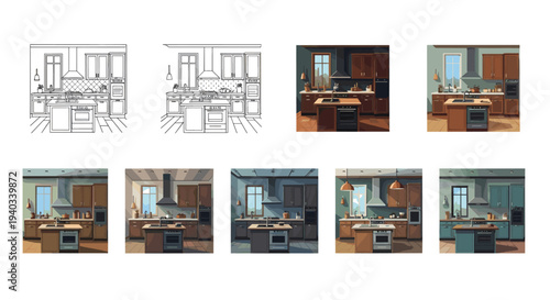 Modern kitchen interior design with island and appliances, various color schemes