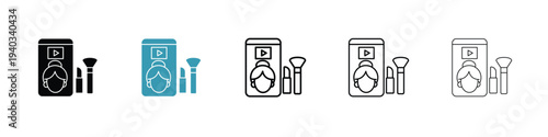 Makeup tutorial video icon in line art style on white background for graphic and web design.