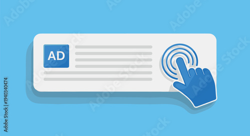 Online advertising banner with clicking hand and sponsored ad label digital marketing pay per click concept vector illustration
