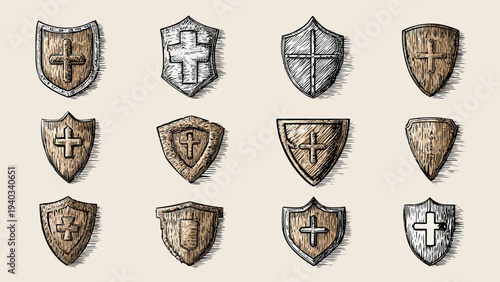 Vintage style shield icon set with cross symbols for protection and security vector illustration