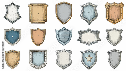 Vintage shield icon set collection displayed in a grid layout with various designs and styles