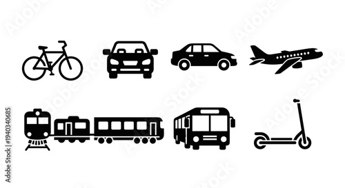 Collection of diverse transportation icons including bicycle, cars, airplane, train, bus, and scooter