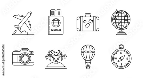 Collection of travel icons including airplane, passport, suitcase, globe, camera, island, hot air balloon, and compass