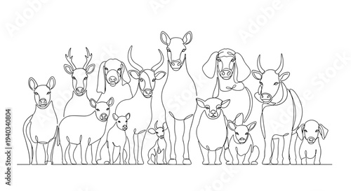Collection of farm and wild animals drawn in a minimalist continuous line art style