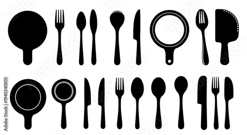 Collection of black kitchen utensils and cutlery silhouettes on a white background