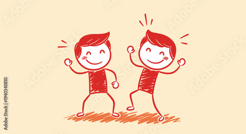 Two happy stick figures dancing and celebrating together with joy and excitement