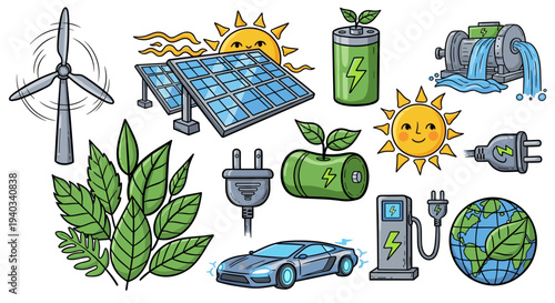 Collection of renewable energy icons and symbols for a sustainable future