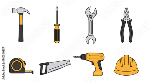 Collection of common hand tools and safety equipment for construction and DIY projects
