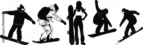 Snowboarders collection, isolated black vector silhouette figures of men and women riding snowboards, performing tricks, and standing with their boards