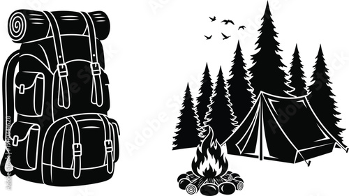 Backpacking gear and camping scene with tent and campfire, forest, outdoor adventure