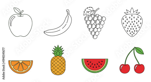 Collection of colorful and outline fruit icons for healthy eating and nutrition concepts