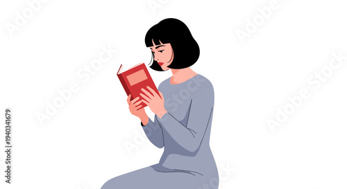 Young woman with short black hair reading a red book, wearing a grey dress
