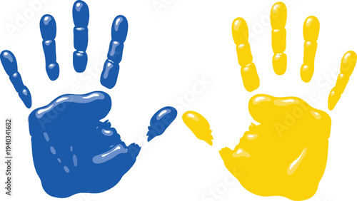 Pair of colorful handprints in blue and yellow colors showing unity and diversity