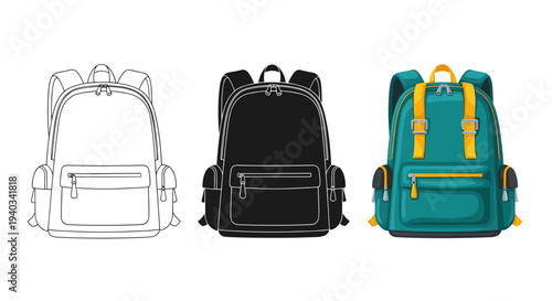 Three backpack styles: outline, silhouette, and colored illustration
