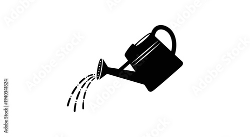Simple black silhouette of a watering can pouring water on a white background