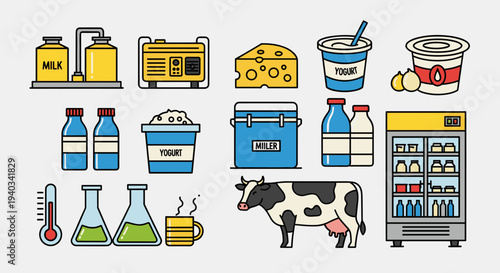 Dairy farm production and processing icons including cow, milk tanks, yogurt, cheese, and refrigeration