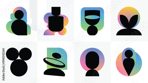 Set of silhouette logos with abstract glass background colorful icons for business or technology use