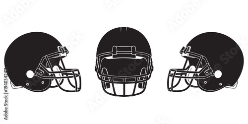 Set of black silhouette of an american football helmet is prominently displayed against a plain white background silhouette high quality,Three black american football helmets side view silhouettes 
