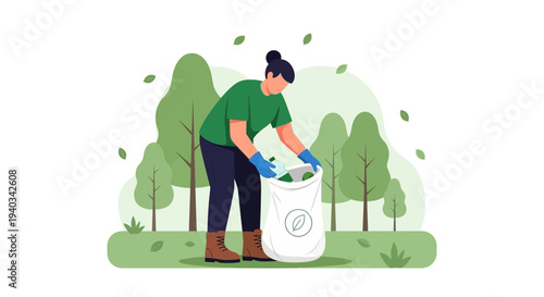Woman cleaning park, collecting trash in bag, environmental protection, nature conservation