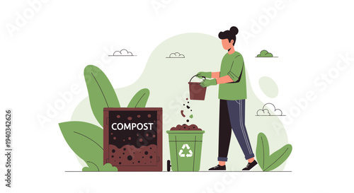 Woman composting organic waste in a garden, recycling and sustainability concept