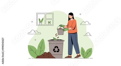 Woman composting organic waste in a recycling bin, promoting sustainable living and eco-friendly habits.