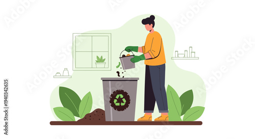 Woman composting organic waste in a recycling bin with a green recycle symbol