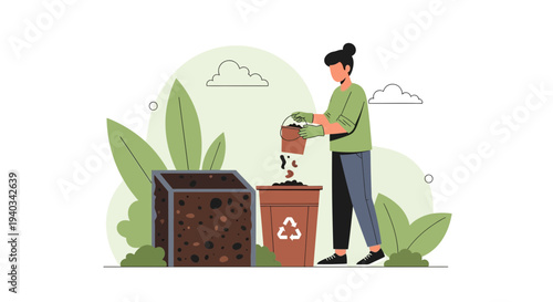 Woman Composting Organic Waste in Garden: Sustainable Living and Recycling
