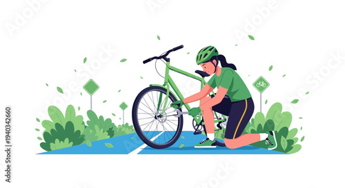 Woman cyclist fixing her bicycle on a scenic bike path surrounded by greenery.