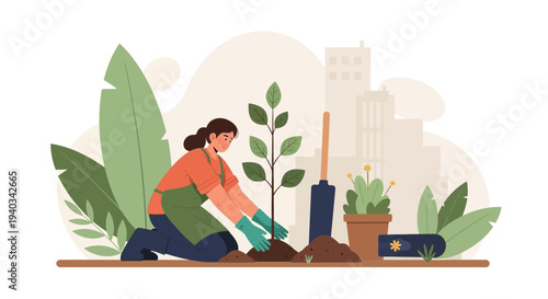 Woman planting a tree in urban garden, environmental care, sustainable city living
