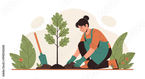Woman planting a young tree in the garden, environmental care and nature conservation concept