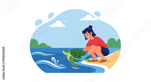 Woman helps sea turtle return to ocean, beach conservation, marine life rescue