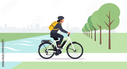 Woman riding an electric bike along a canal and park, urban cityscape in background